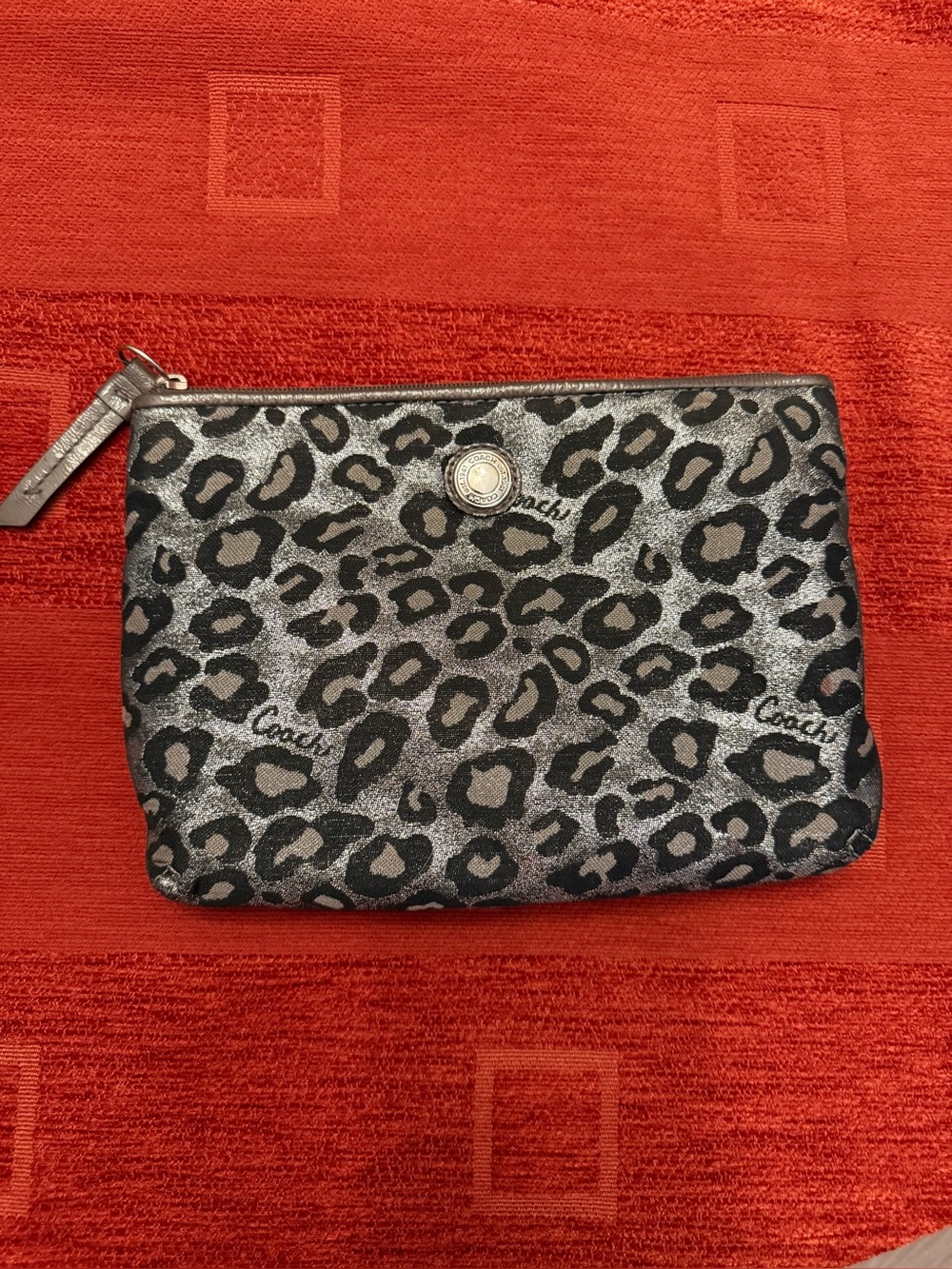 Coach Silver and Black Leopard Print Wristlet Pouch EUC